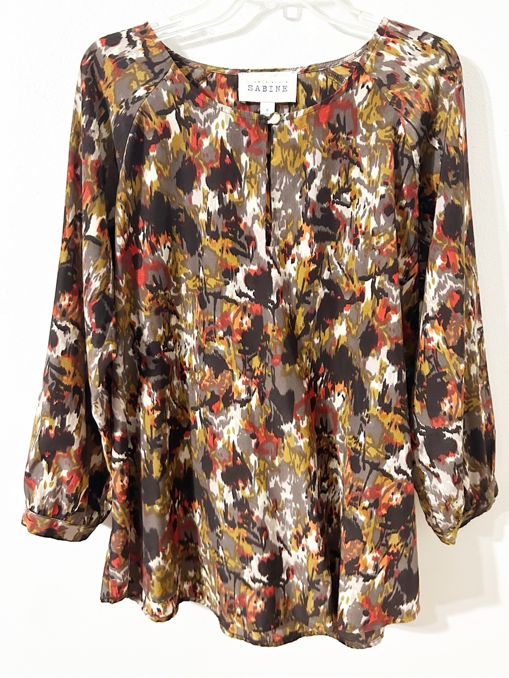 SABINE Women’s Abstract Floral Print Blouse Top Size S 3/4 Sleeve Keyhole Neck